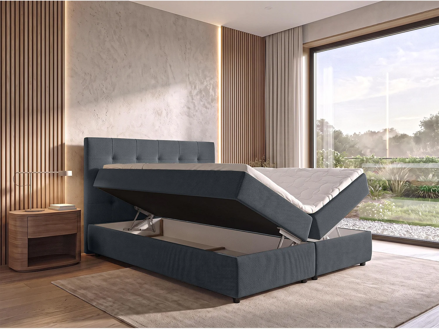 AX LIVING Lit boxspring Sakarya 160x200 cm gris foncé – ensemble complet avec surmatelas et coffre de rangement, H2/H3