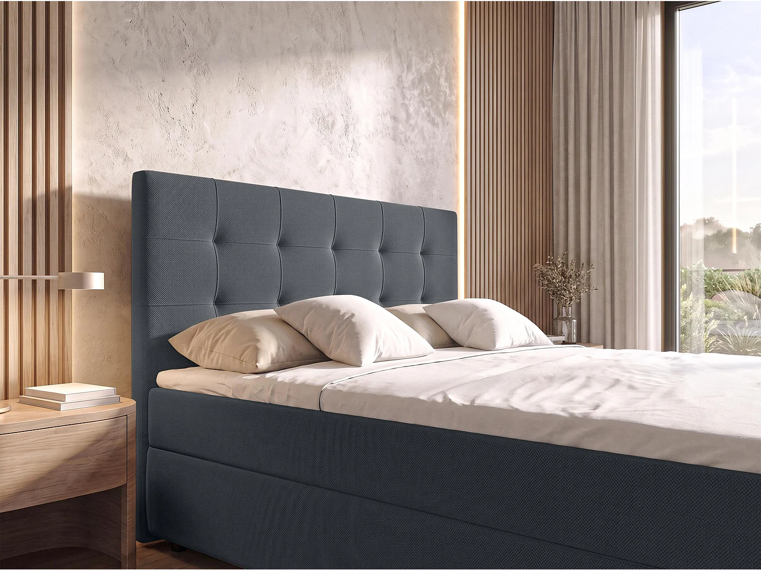 AX LIVING Lit boxspring Sakarya 160x200 cm gris foncé – ensemble complet avec surmatelas et coffre de rangement, H2/H3