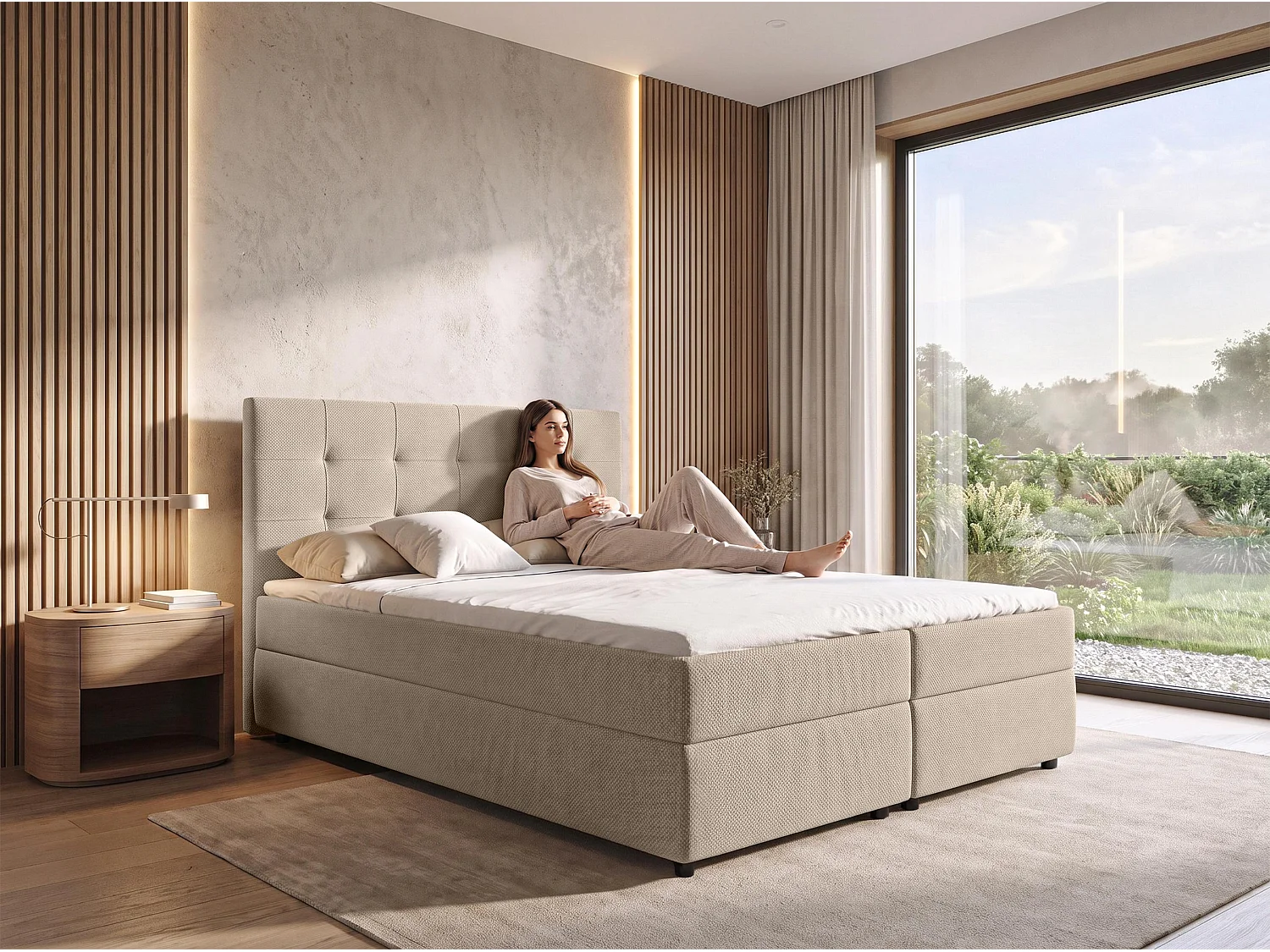 AX LIVING Boxspring Sakarya 160x200 cm crème – met opbergruimte, Bonnellvering H2/H3 (zonder topper)