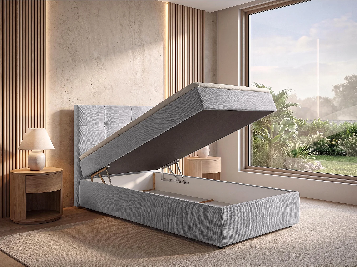 AX LIVING Lit boxspring Sakarya 100x200 cm gris clair – ensemble complet avec surmatelas et coffre de rangement, H2/H3