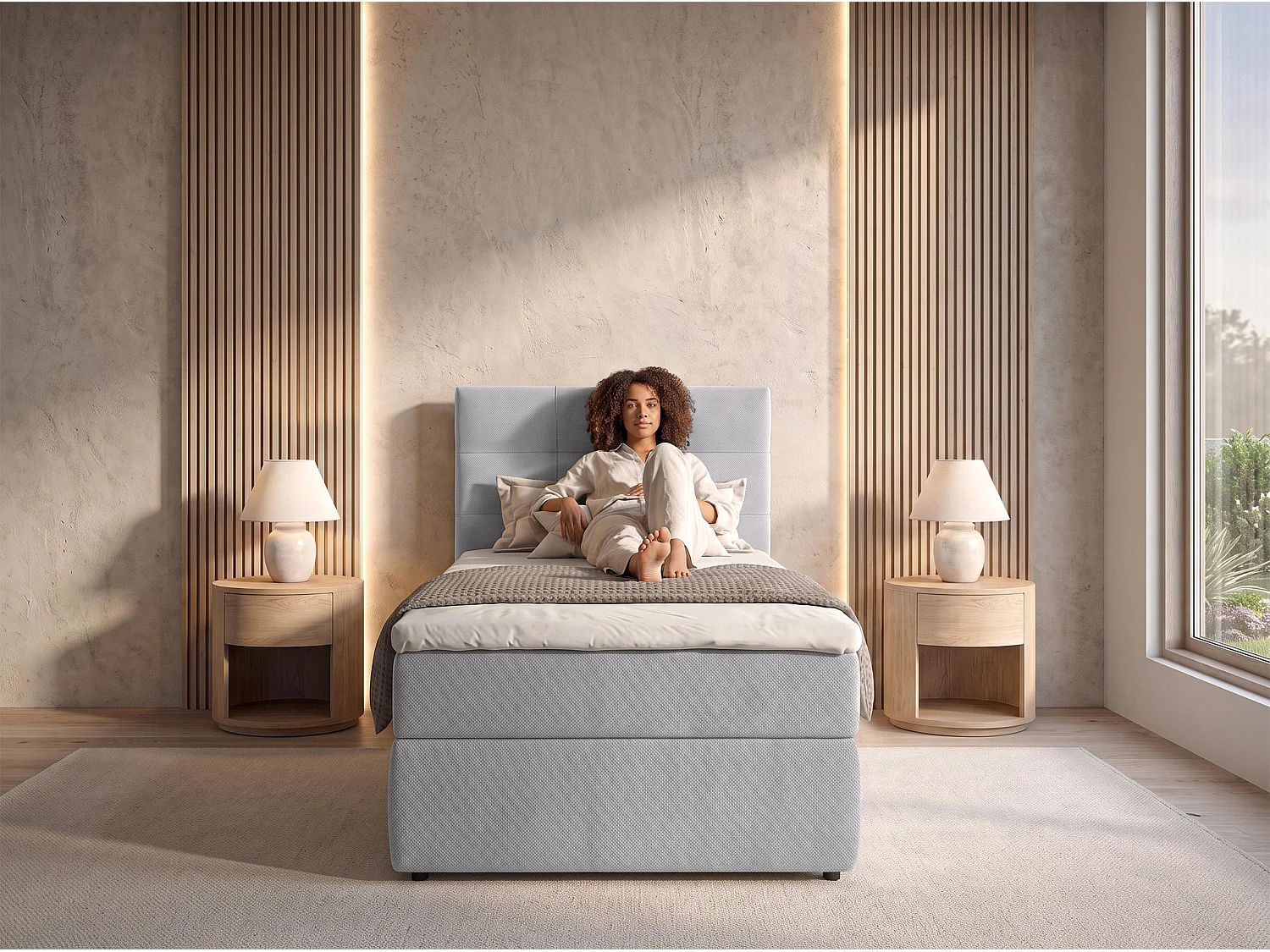 AX LIVING Lit boxspring Sakarya 100x200 cm gris clair – ensemble complet avec surmatelas et coffre de rangement, H2/H3