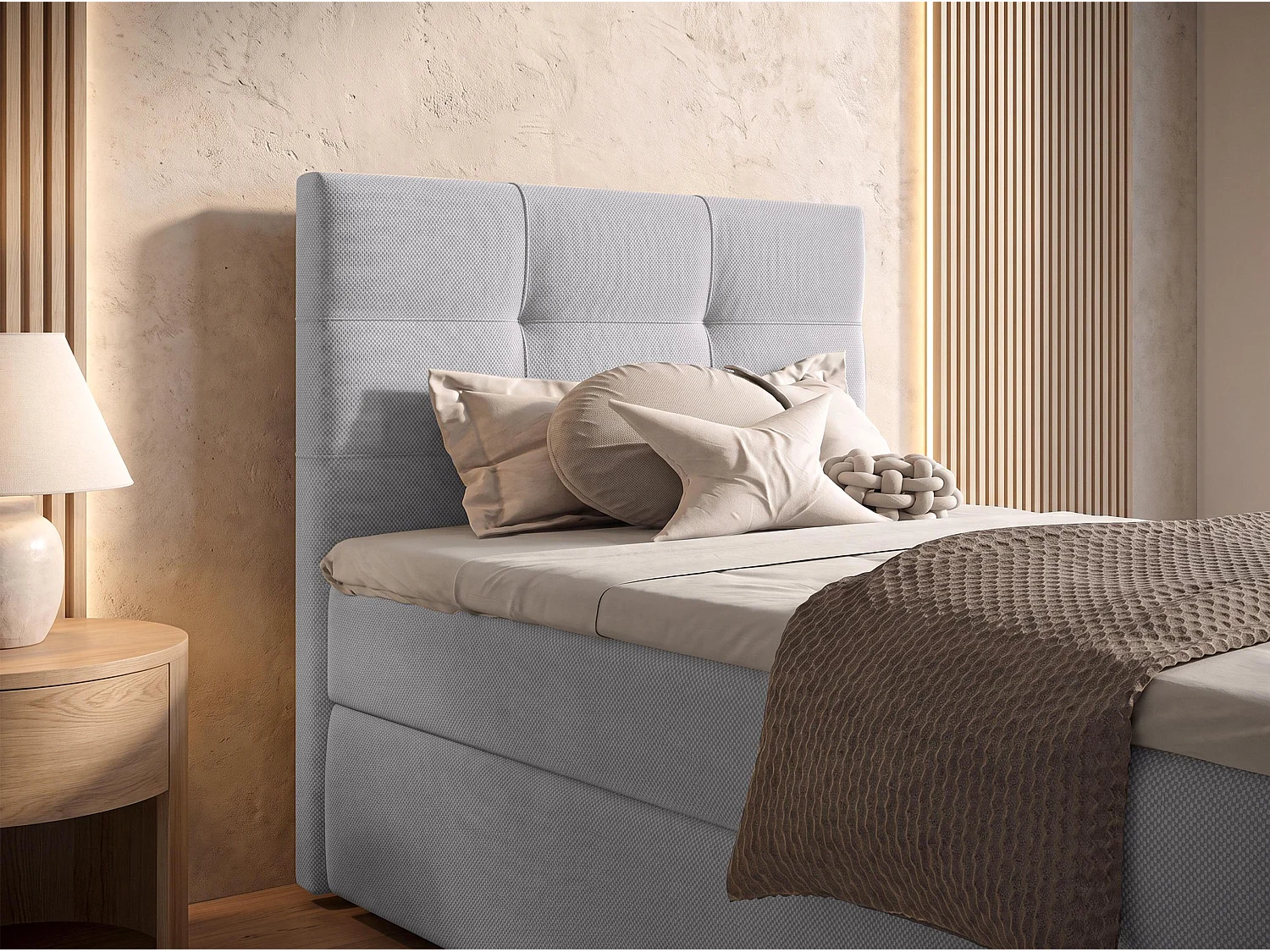 AX LIVING Lit boxspring Sakarya 100x200 cm gris clair – ensemble complet avec surmatelas et coffre de rangement, H2/H3
