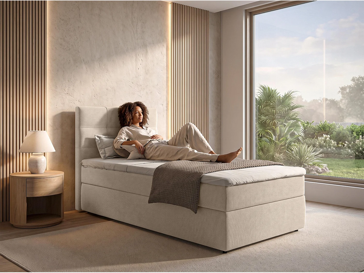 AX LIVING Lit boxspring Sakarya 100x200 cm crème – avec coffre de rangement, ressorts Bonnell H2/H3 (sans surmatelas)