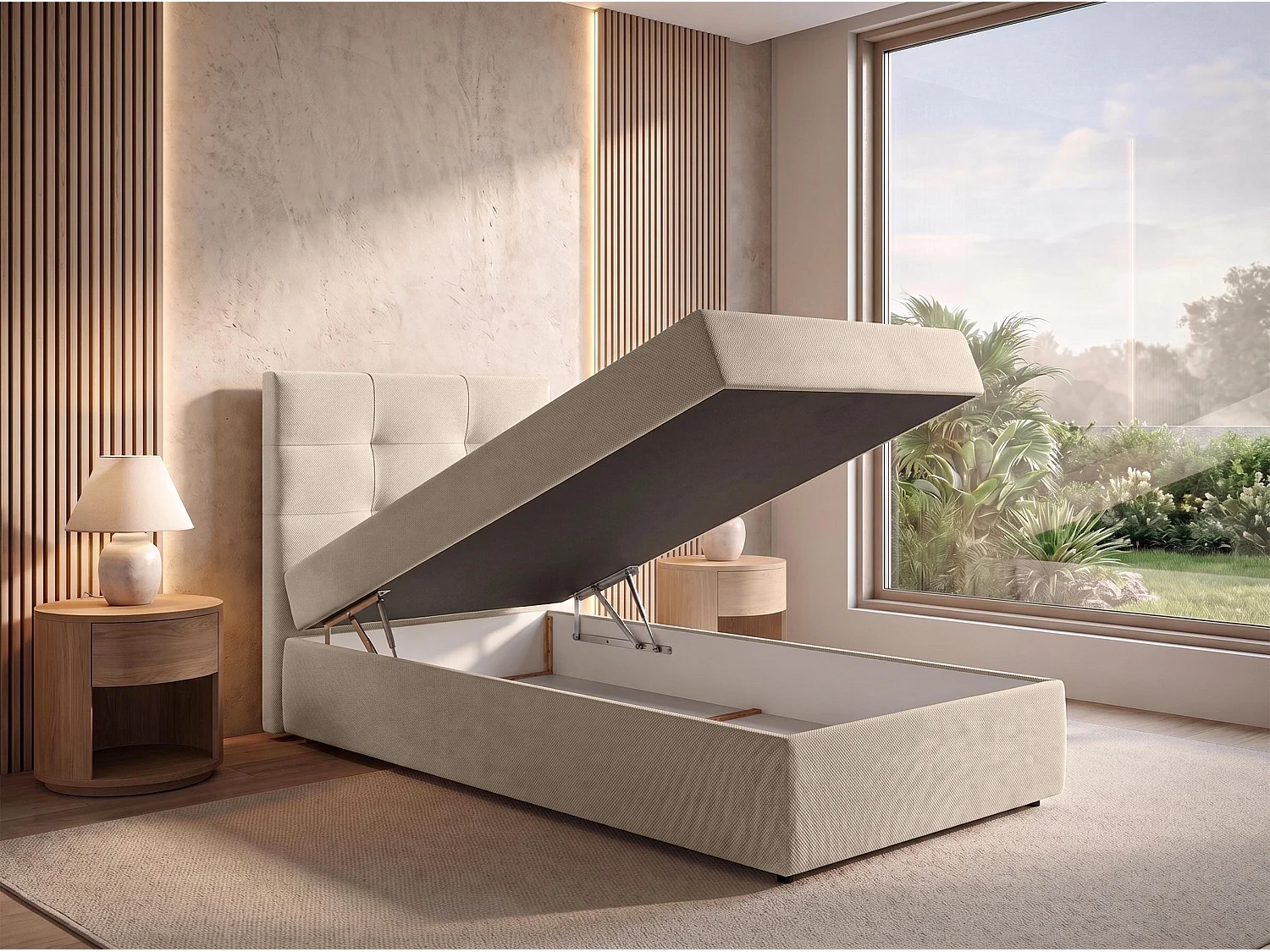 AX LIVING Lit boxspring Sakarya 100x200 cm crème – avec coffre de rangement, ressorts Bonnell H2/H3 (sans surmatelas)