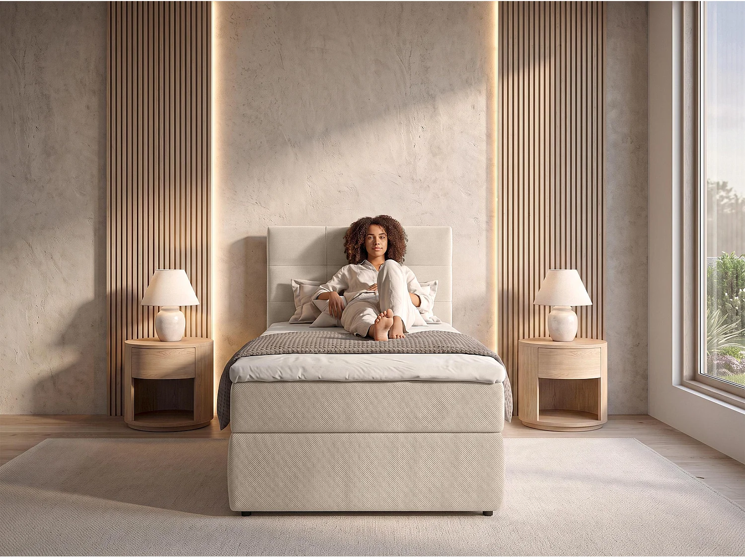 AX LIVING Lit boxspring Sakarya 100x200 cm crème – avec coffre de rangement, ressorts Bonnell H2/H3 (sans surmatelas)