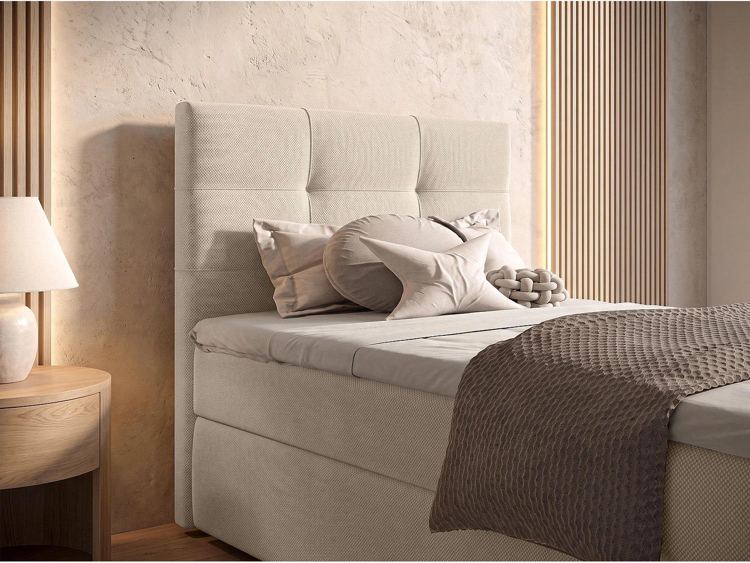 AX LIVING Lit boxspring Sakarya 100x200 cm crème – avec coffre de rangement, ressorts Bonnell H2/H3 (sans surmatelas)