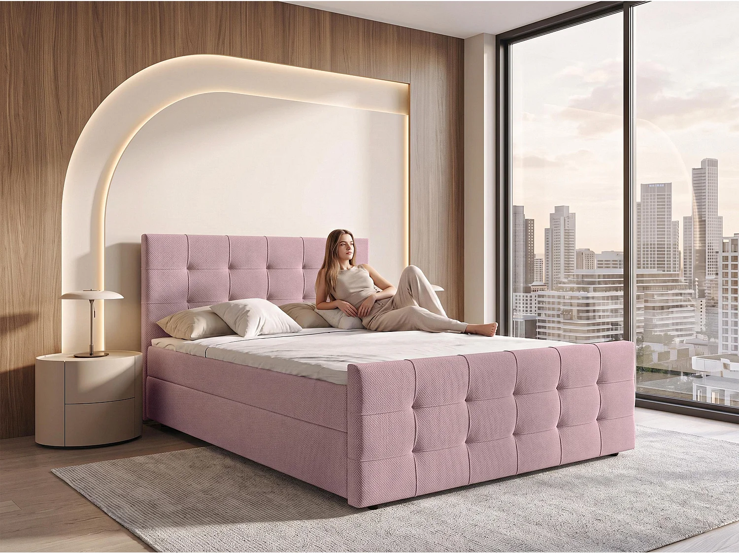 AX LIVING Boxspring Defne 160x200 cm oudroze – complete set met topper en voetbord, H2/H3