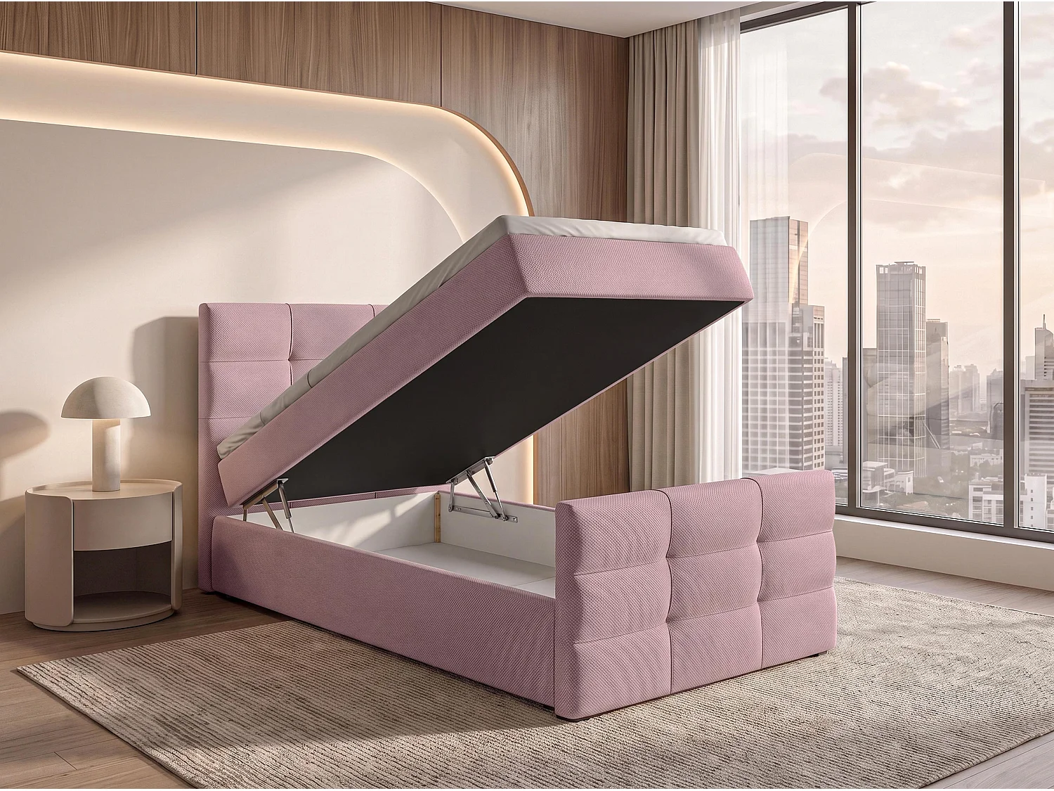 AX LIVING Lit boxspring Defne 100x200 cm vieux rose – ensemble complet avec surmatelas et pied de lit, H2/H3