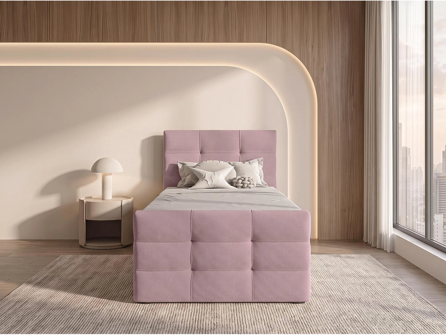 AX LIVING Lit boxspring Defne 100x200 cm vieux rose – ensemble complet avec surmatelas et pied de lit, H2/H3
