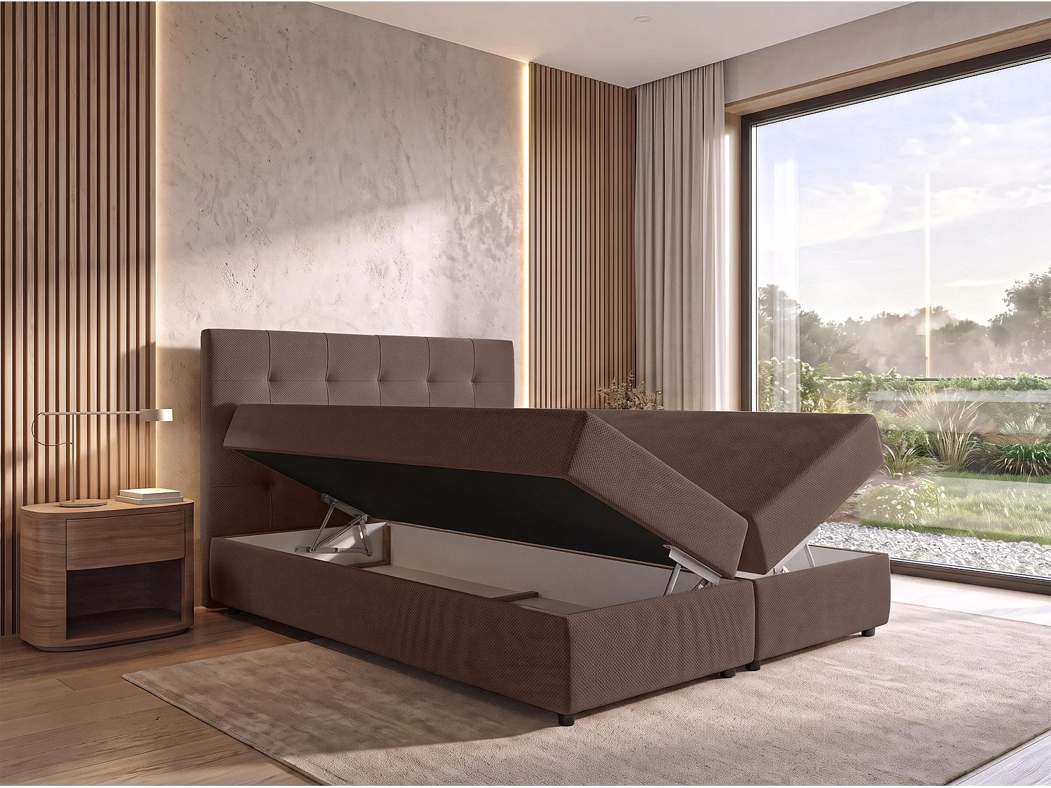 AX LIVING Lit boxspring Sakarya 140x200 cm marron – avec coffre de rangement, ressorts Bonnell H2/H3 (sans surmatelas)