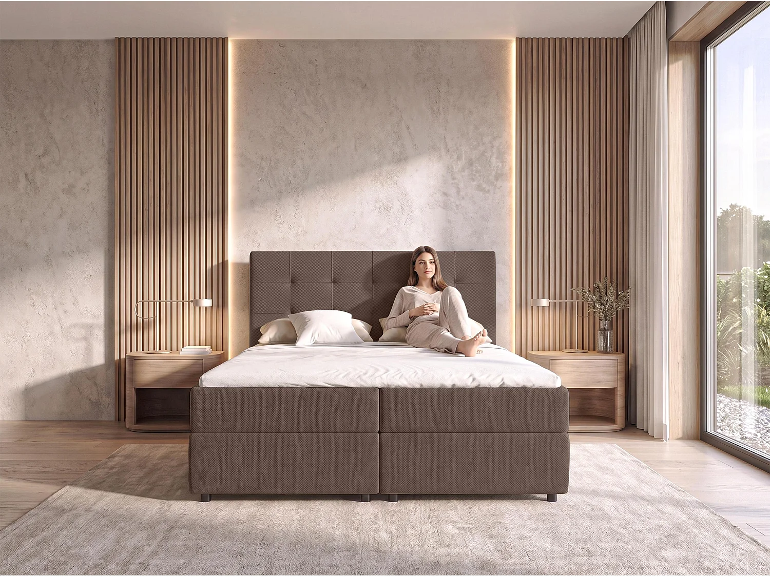 AX LIVING Lit boxspring Sakarya 140x200 cm marron – avec coffre de rangement, ressorts Bonnell H2/H3 (sans surmatelas)