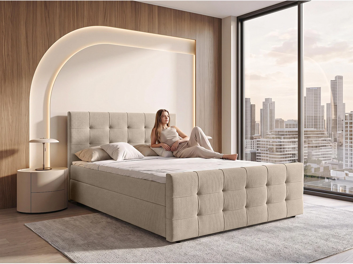 AX LIVING Lit boxspring Defne 160x200 cm crème – avec pied de lit et coffre de rangement, ressorts Bonnell H2/H3