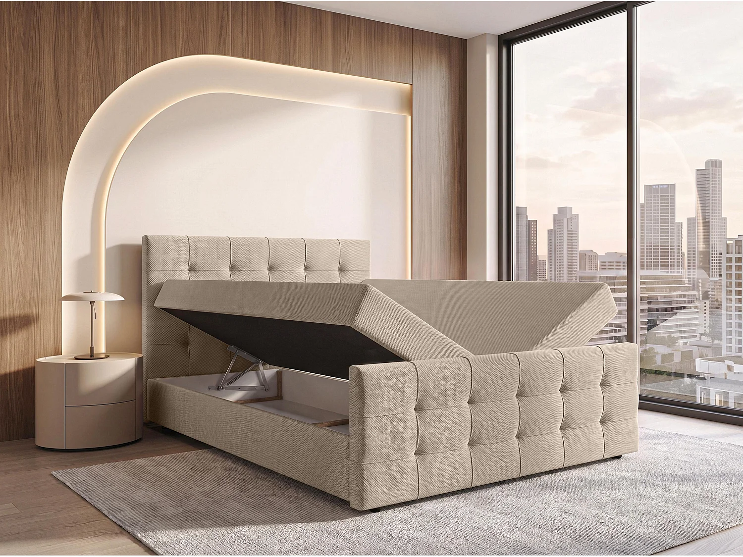 AX LIVING Lit boxspring Defne 160x200 cm crème – avec pied de lit et coffre de rangement, ressorts Bonnell H2/H3