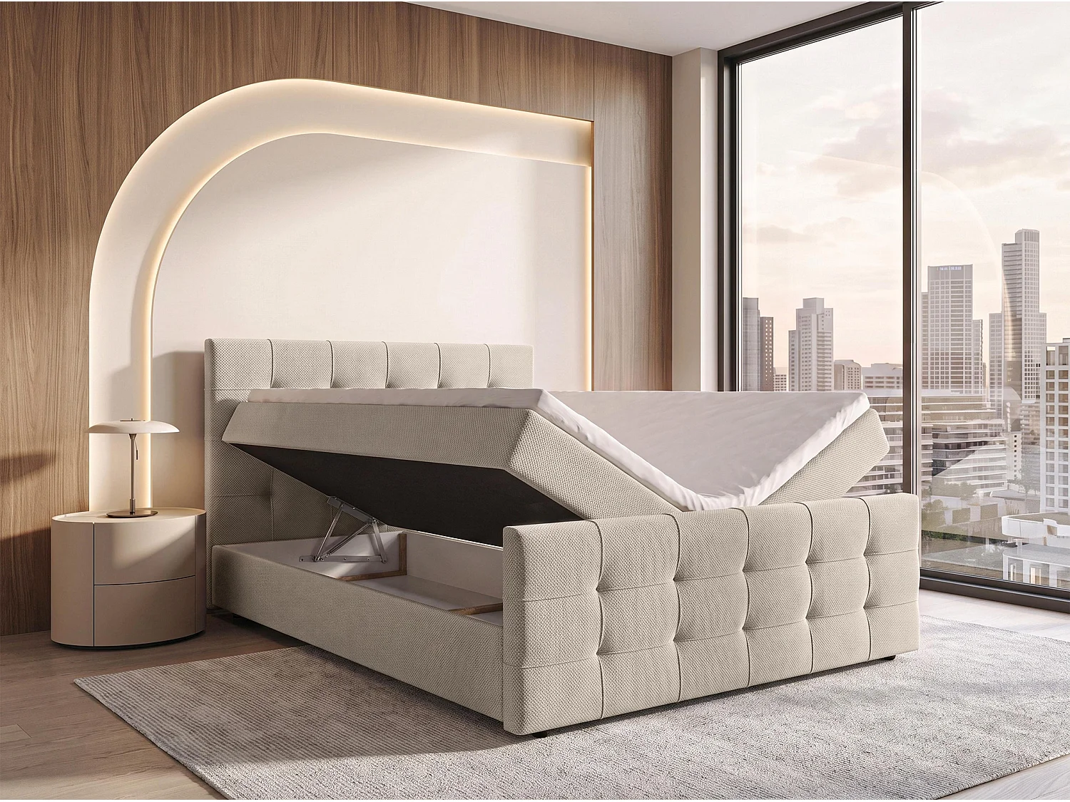 AX LIVING Lit boxspring Defne 160x200 cm beige – ensemble complet avec surmatelas et pied de lit, H2/H3