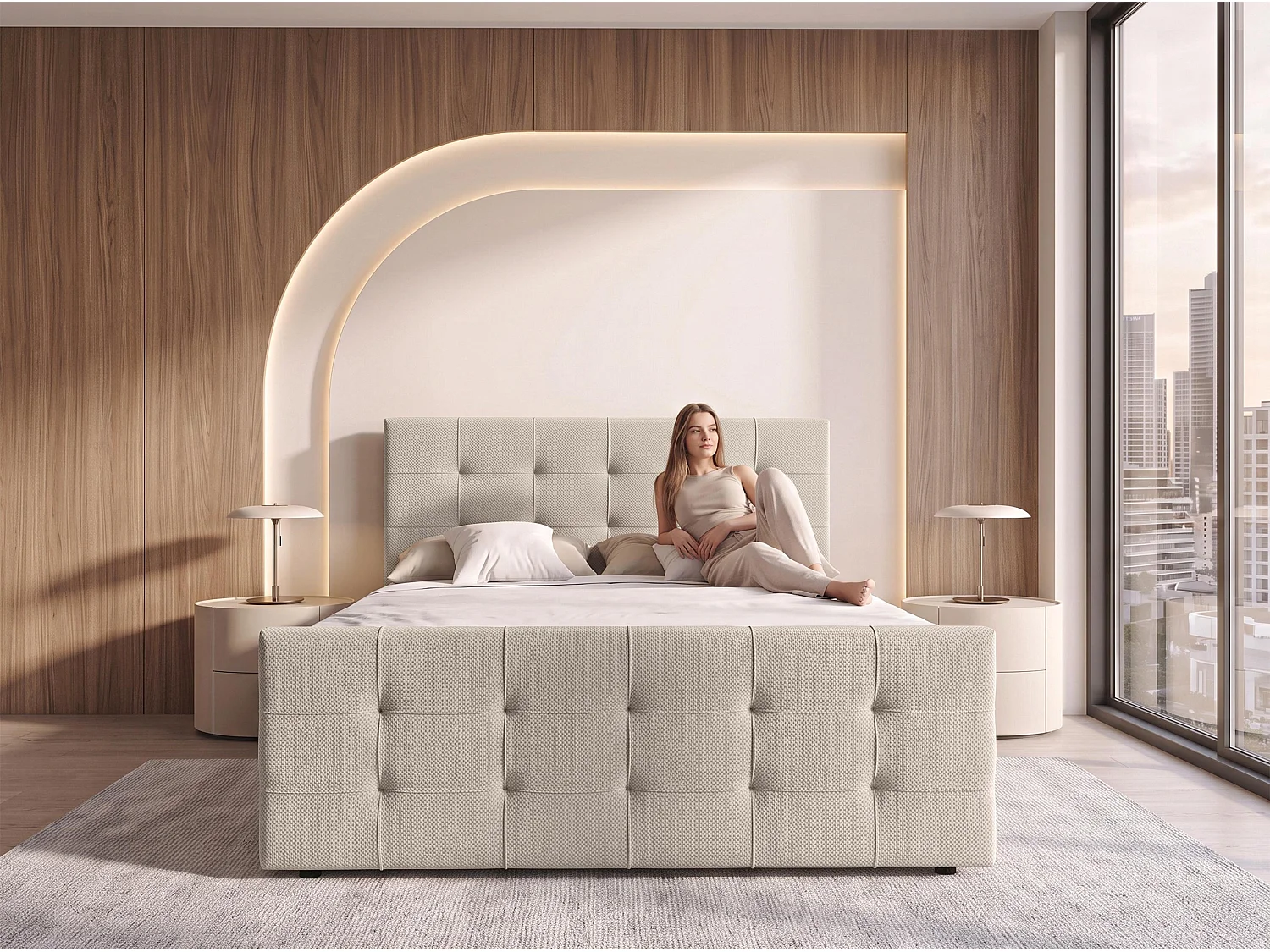 AX LIVING Lit boxspring Defne 160x200 cm beige – ensemble complet avec surmatelas et pied de lit, H2/H3