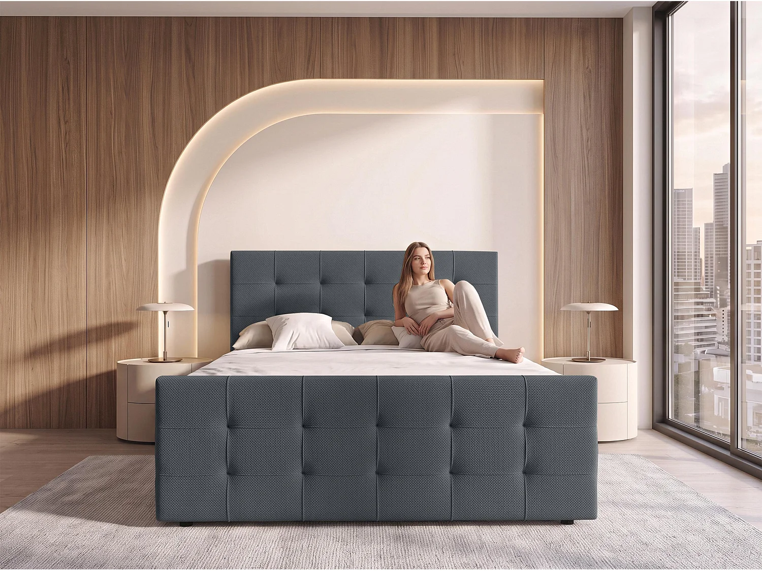 AX LIVING Lit boxspring Defne 140x200 cm gris foncé – ensemble complet avec surmatelas et pied de lit, H2/H3