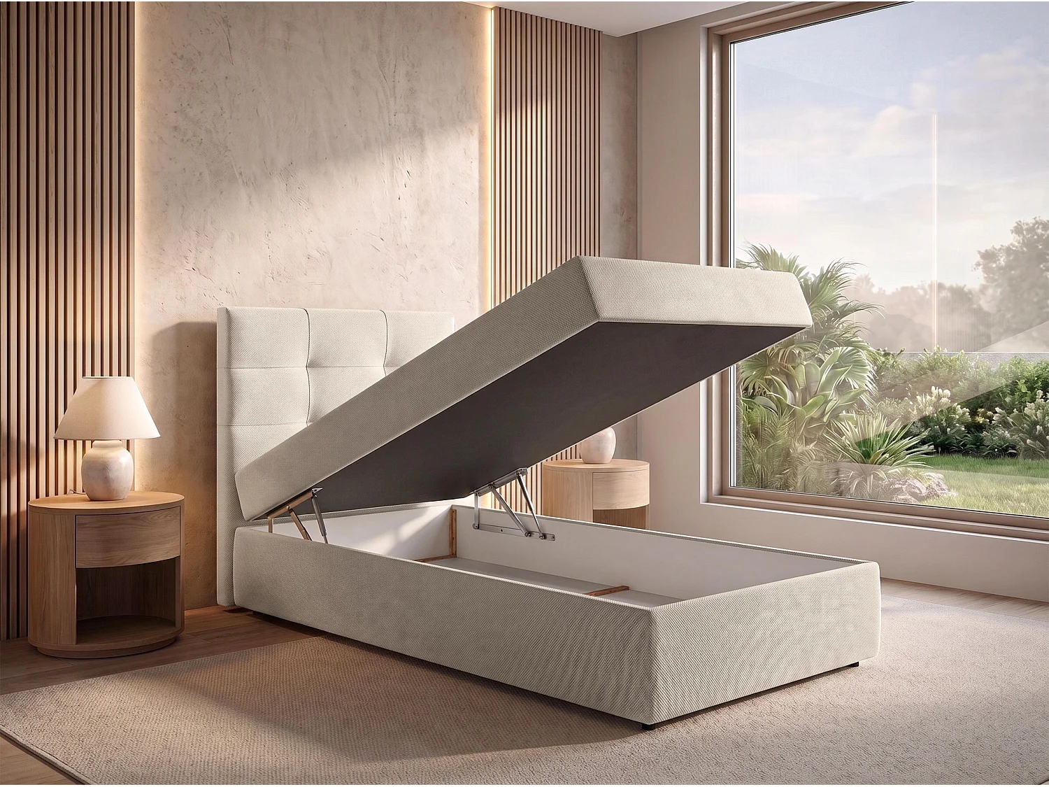 AX LIVING Boxspring Sakarya 100x200 cm beige – met opbergruimte, Bonnellvering H2/H3 (zonder topper)