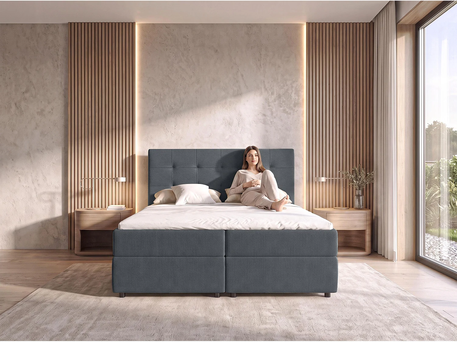 AX LIVING Lit boxspring Sakarya 140x200 cm gris foncé – ensemble complet avec surmatelas et coffre de rangement, H2/H3