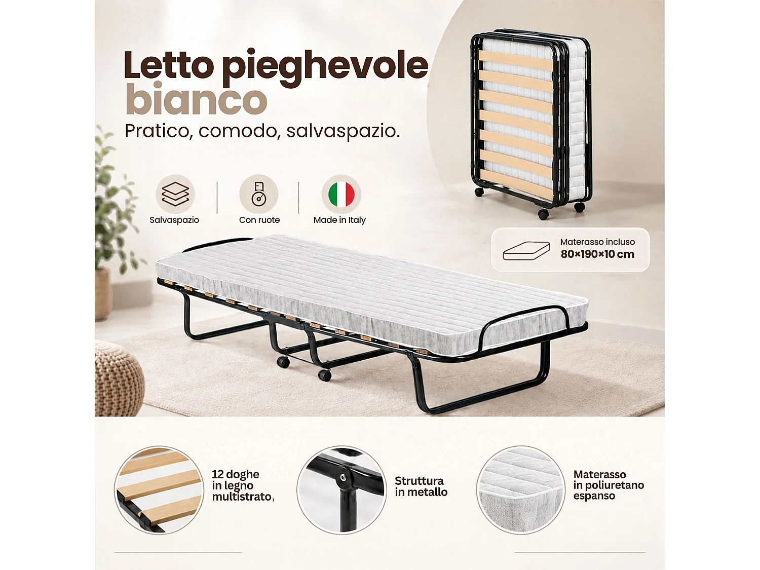 Lit pliant Dparis, Lit de camp à 12 lattes, Matelas inclus, Lit bébé peu encombrant, 100% Made in Italy, 80x190h37 cm, Housse de protection sur demande