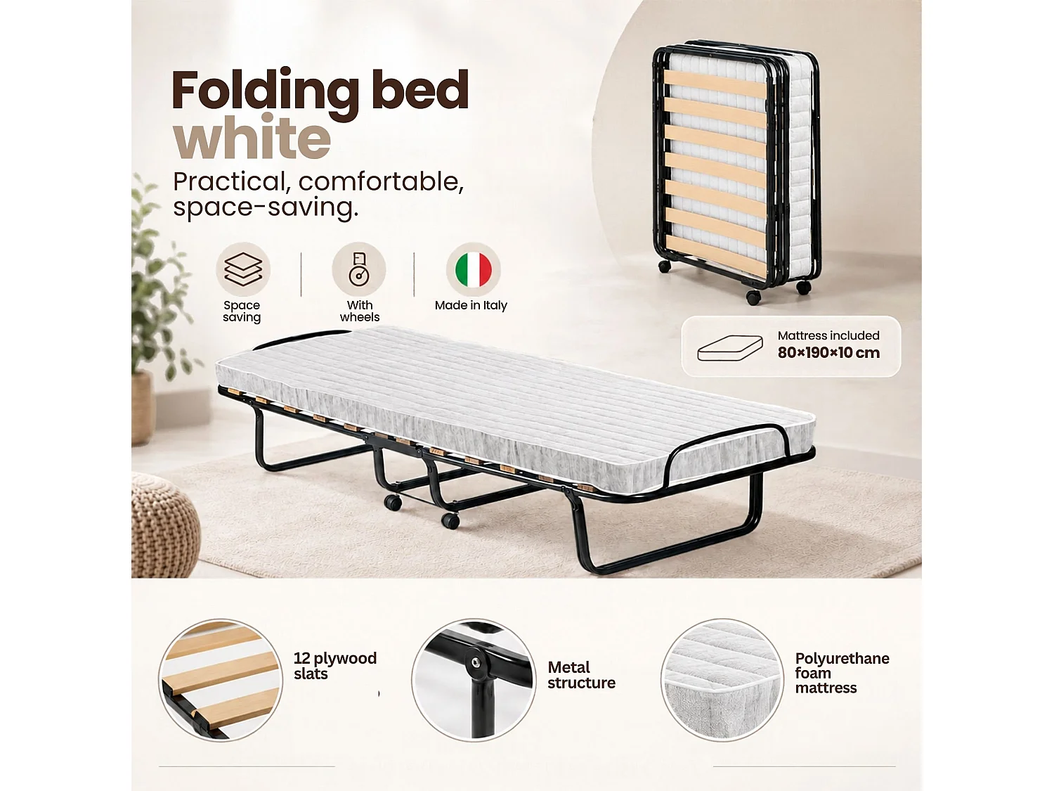 Lit pliant Dparis, Lit de camp à 12 lattes, Matelas inclus, Lit bébé peu encombrant, 100% Made in Italy, 80x190h37 cm, Housse de protection sur demande