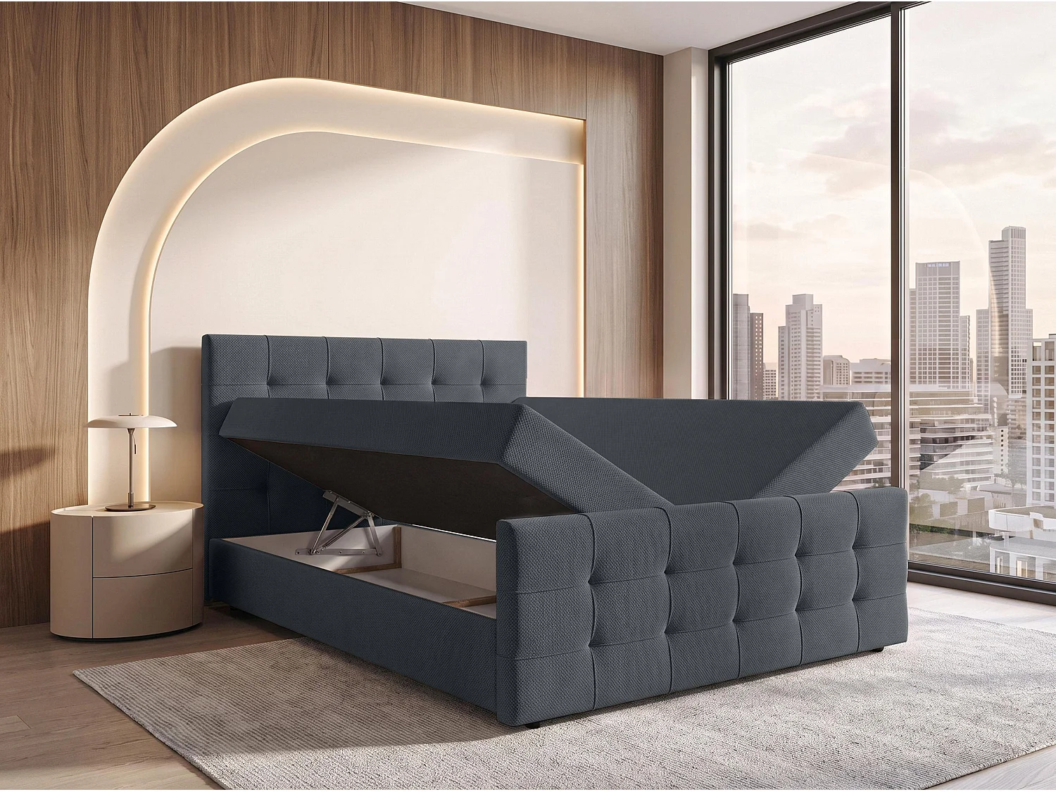 AX LIVING Lit boxspring Defne 180x200 cm gris foncé – avec pied de lit et coffre de rangement, ressorts Bonnell H2/H3