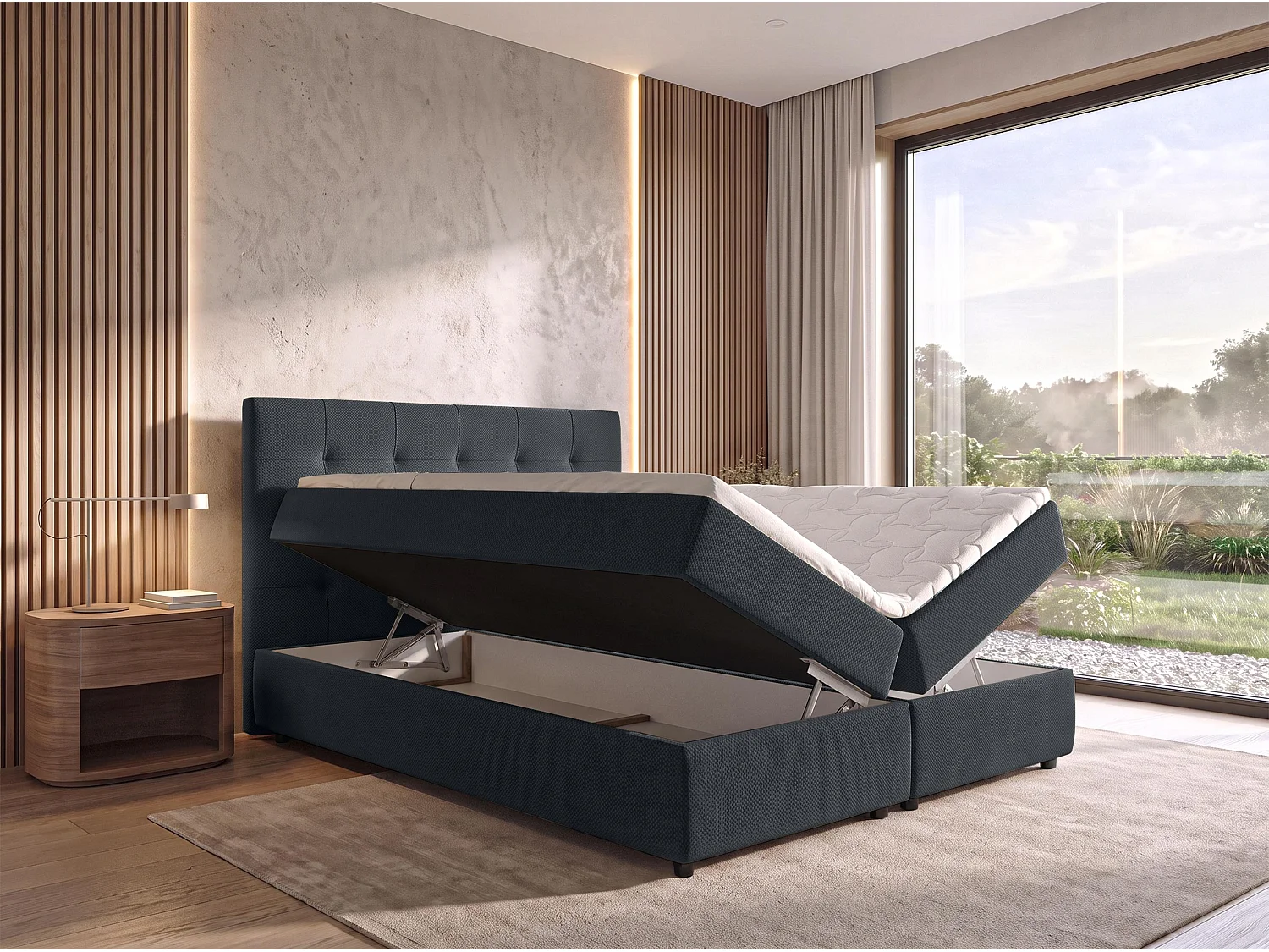 AX LIVING Lit boxspring Sakarya 140x200 cm noir – ensemble complet avec surmatelas et coffre de rangement, H2/H3