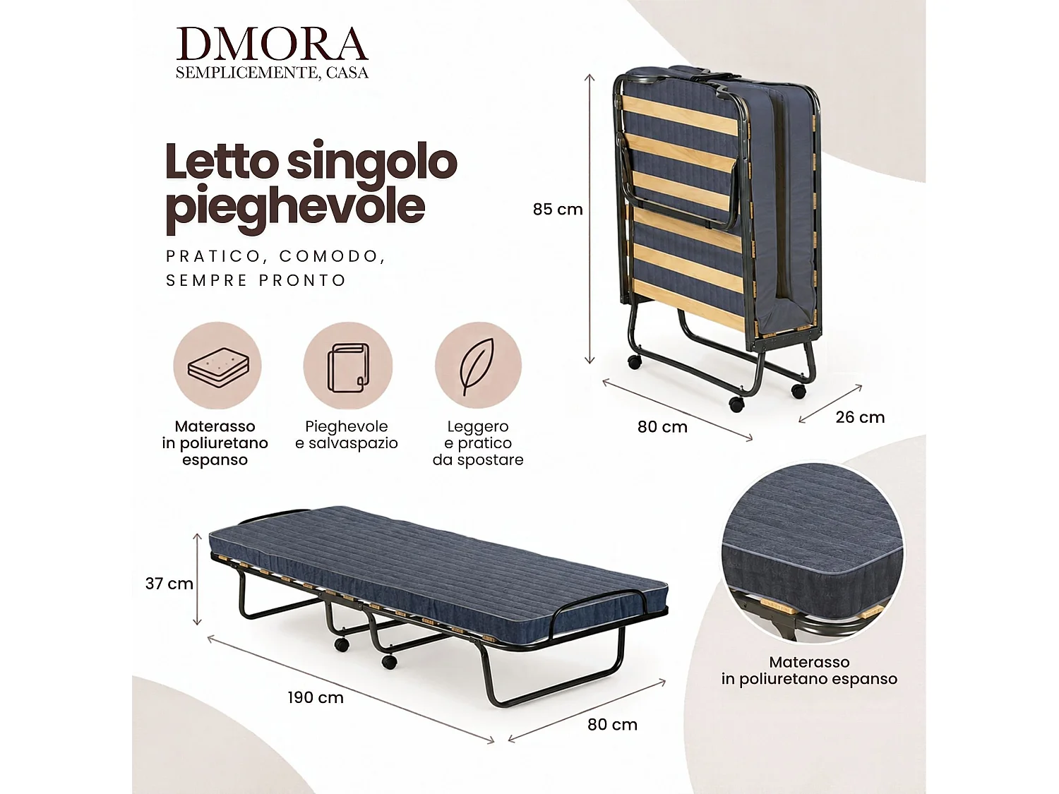 Lit pliant Daaronso, Lit de camp à 12 lattes, Matelas inclus, Lit bébé peu encombrant, 100% Made in Italy, 80x190h37 cm, Housse de protection sur demande