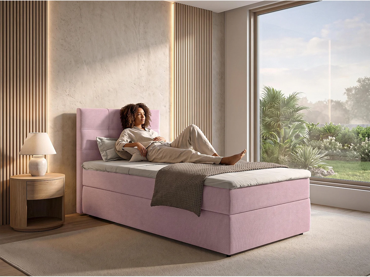 AX LIVING Lit boxspring Sakarya 90x200 cm vieux rose – avec coffre de rangement, ressorts Bonnell H2/H3 (sans surmatelas)