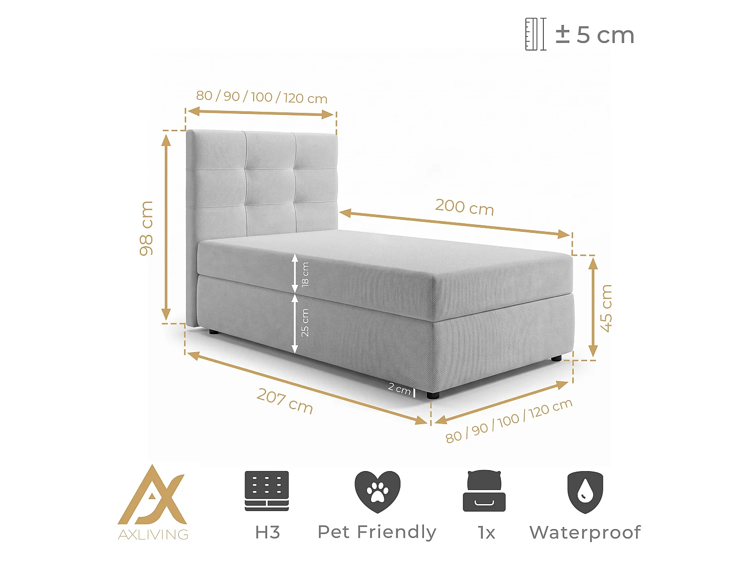 AX LIVING Lit boxspring Sakarya 90x200 cm vieux rose – avec coffre de rangement, ressorts Bonnell H2/H3 (sans surmatelas)