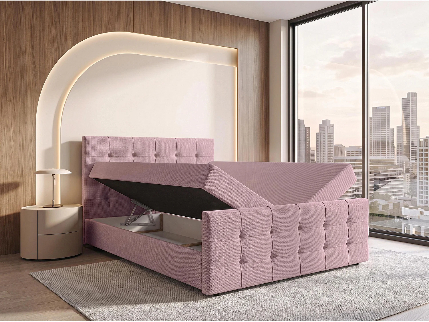 AX LIVING Boxspring Defne 160x200 cm oudroze – met voetbord en opbergruimte, Bonnellvering H2/H3