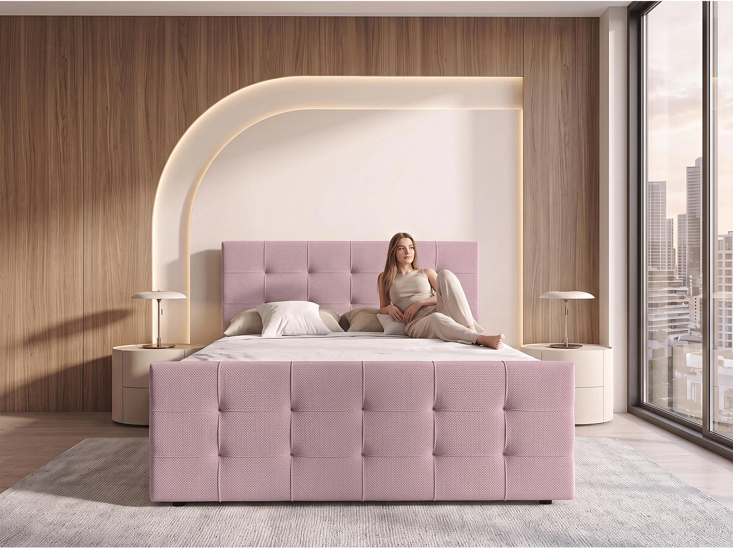 AX LIVING Boxspring Defne 160x200 cm oudroze – met voetbord en opbergruimte, Bonnellvering H2/H3