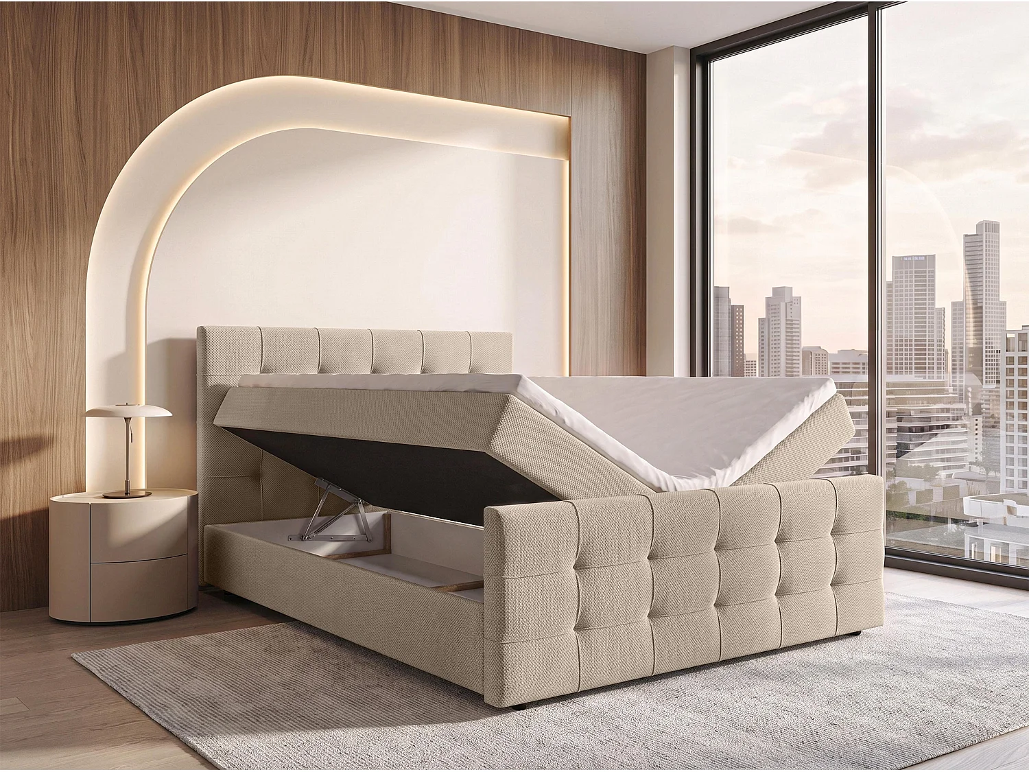 AX LIVING Lit boxspring Defne 140x200 cm crème – ensemble complet avec surmatelas et pied de lit, H2/H3