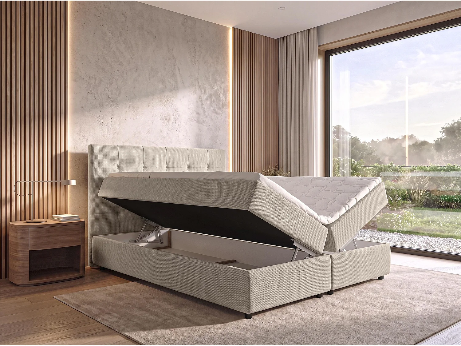 AX LIVING Lit boxspring Sakarya 140x200 cm beige – ensemble complet avec surmatelas et coffre de rangement, H2/H3