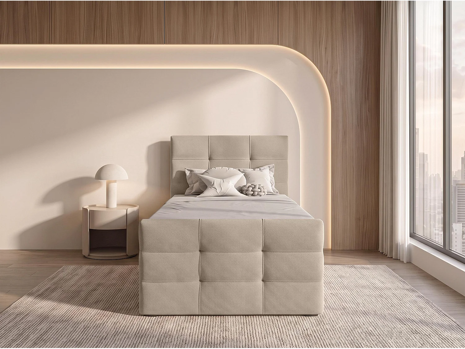 AX LIVING Lit boxspring Defne 100x200 cm crème – ensemble complet avec surmatelas et pied de lit, H2/H3