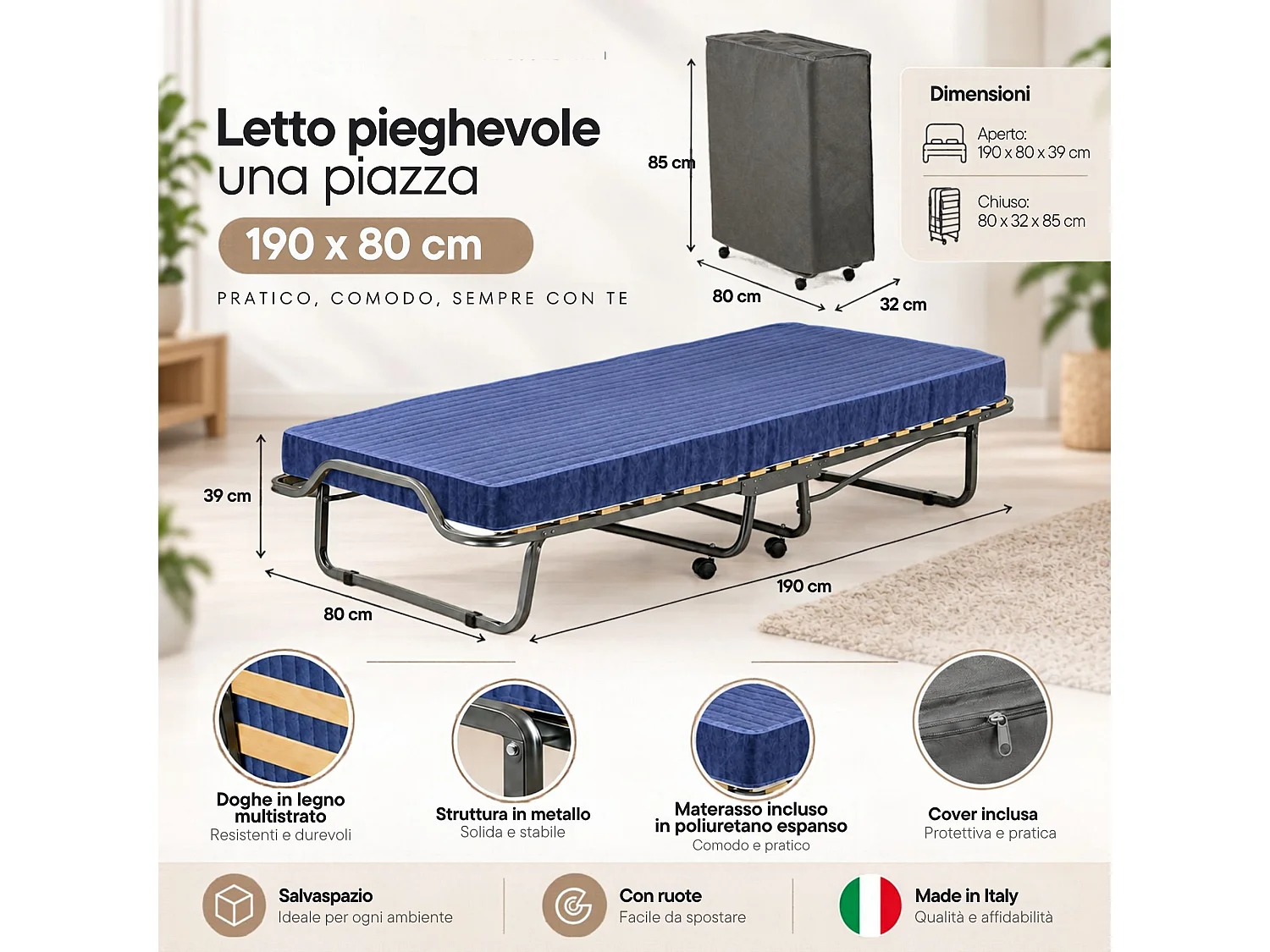 Klappbett Dabambil, Feldbett mit 15 Lattenrosten, inklusive Matratze, platzsparendes Bett, 100% Made in Italy, 80x190h39 cm, Anthrazit, inklusive Schutzhülle