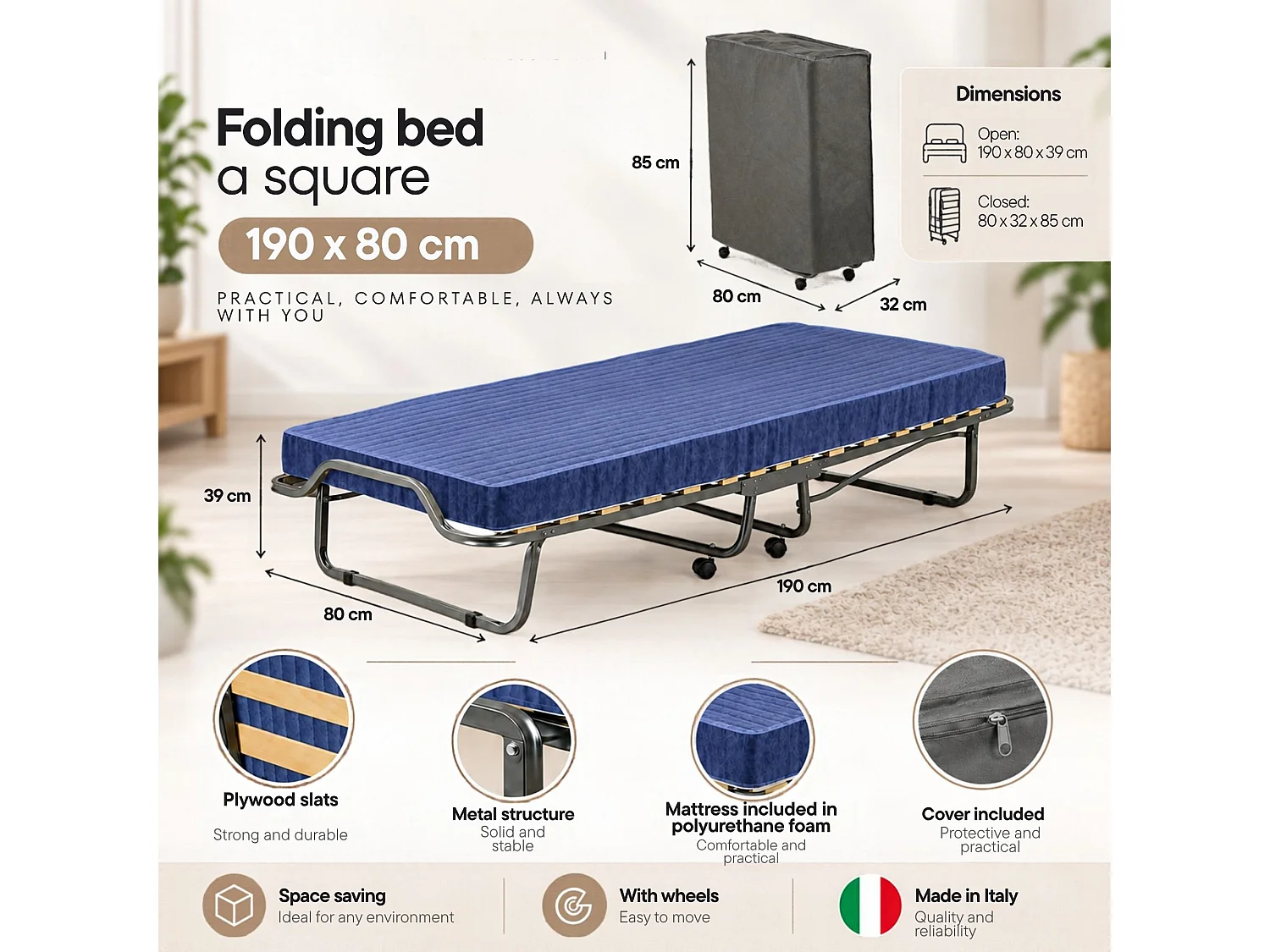 Klappbett Dabambil, Feldbett mit 15 Lattenrosten, inklusive Matratze, platzsparendes Bett, 100% Made in Italy, 80x190h39 cm, Anthrazit, inklusive Schutzhülle