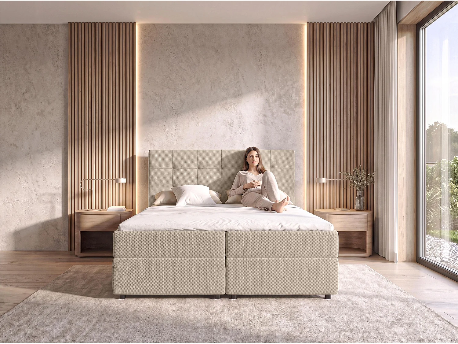 AX LIVING Lit boxspring Sakarya 140x200 cm crème – avec coffre de rangement, ressorts Bonnell H2/H3 (sans surmatelas)