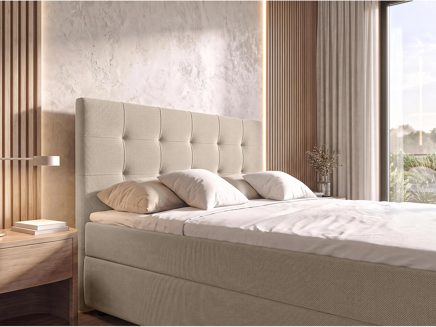 AX LIVING Lit boxspring Sakarya 140x200 cm crème – avec coffre de rangement, ressorts Bonnell H2/H3 (sans surmatelas)