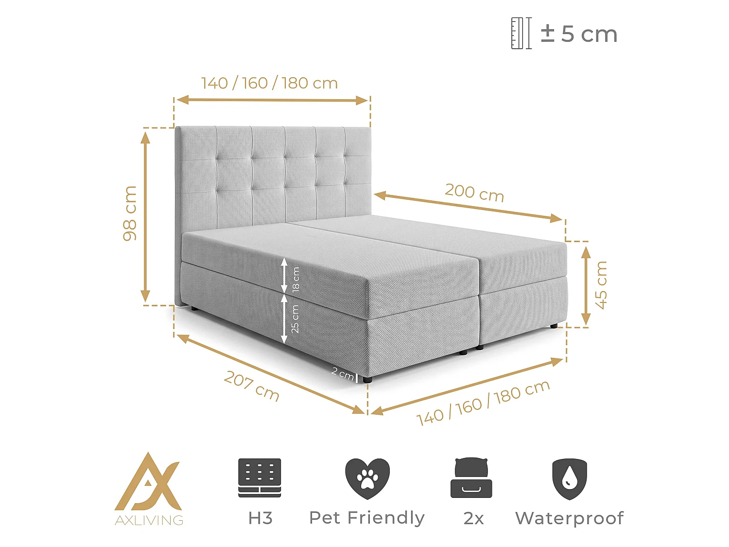 AX LIVING Lit boxspring Sakarya 140x200 cm crème – avec coffre de rangement, ressorts Bonnell H2/H3 (sans surmatelas)