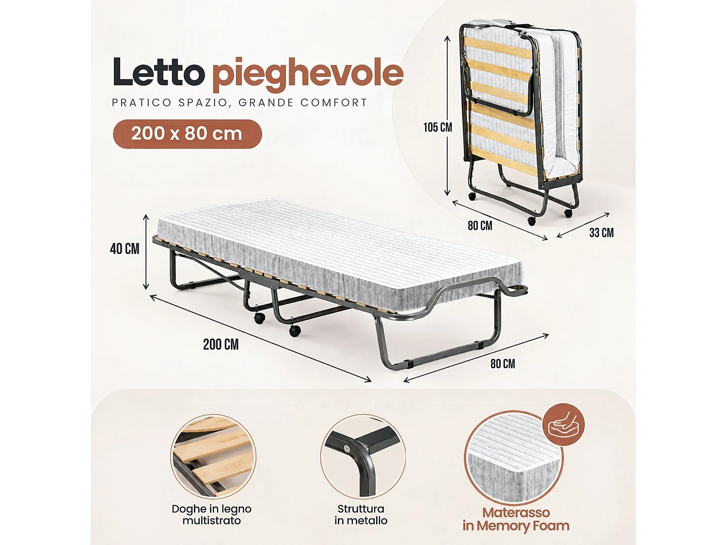 Klappbett Dperic, Kinderbett mit 15 Lattenrost, Platzsparendes Einzelbett, 100% Made in Italy, 80x200h40 cm, inklusive memory Matratze