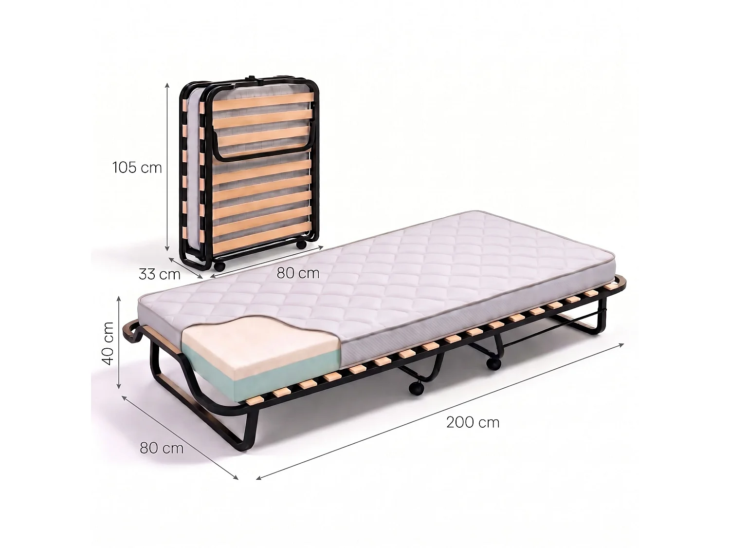 Dpava opklapbed, ruimtebesparend veldbed met 15 latten, inclusief beschermhoes, 100% Made in Italy, 80x200h40 cm, inclusief memory-matras