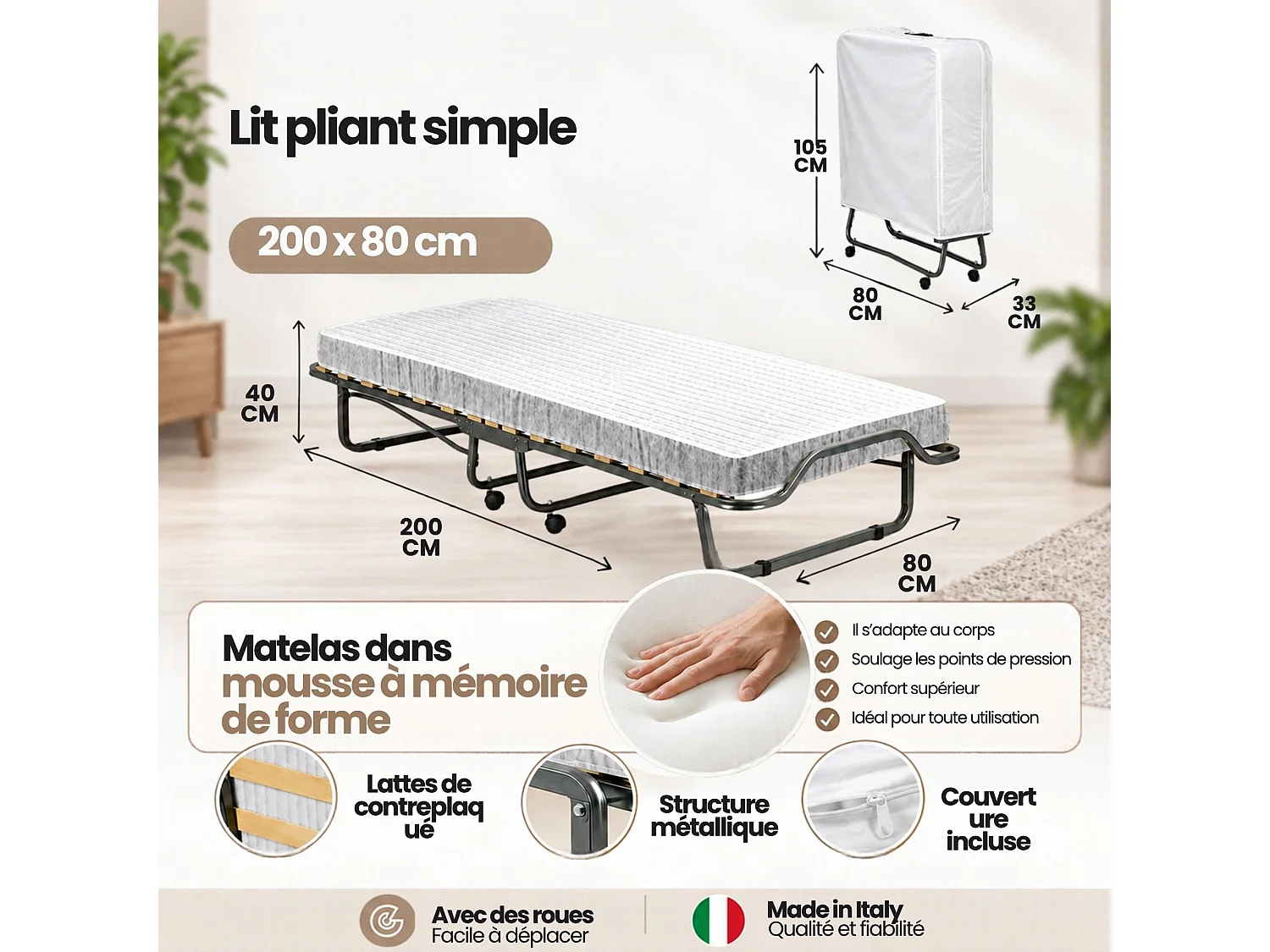 Dpava opklapbed, ruimtebesparend veldbed met 15 latten, inclusief beschermhoes, 100% Made in Italy, 80x200h40 cm, inclusief memory-matras