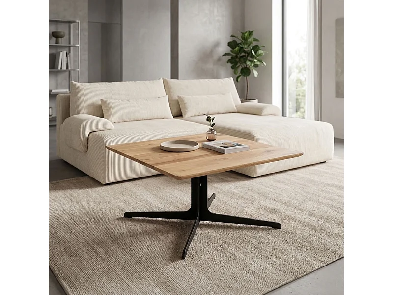 Table basse carrée 85 x 85 en chêne et pied métal asymétrique – DAMARA