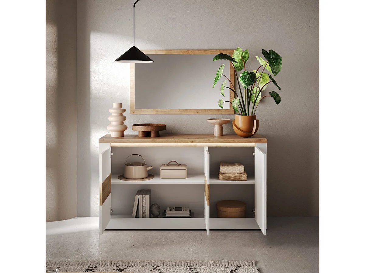 Buffet 3 portes éclairage LED décor blanc et chêne L160 cm - ISCHIA