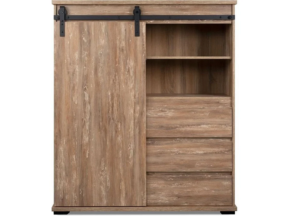 Buffet haut Marrakesch 53A en finition chêne, 1 porte coulissante, 3 tiroirs, style industriel-loft