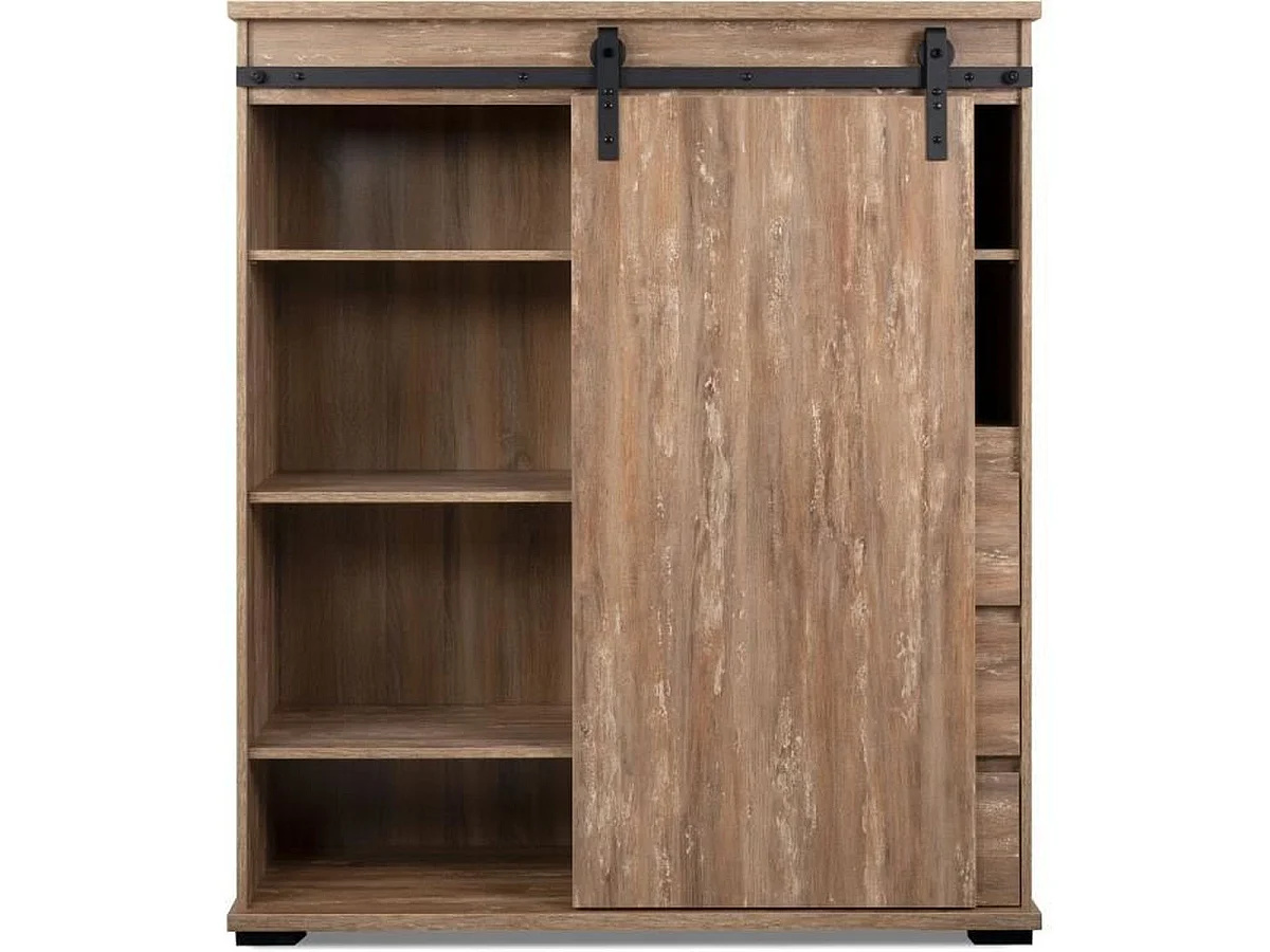 Buffet haut Marrakesch 53A en finition chêne, 1 porte coulissante, 3 tiroirs, style industriel-loft