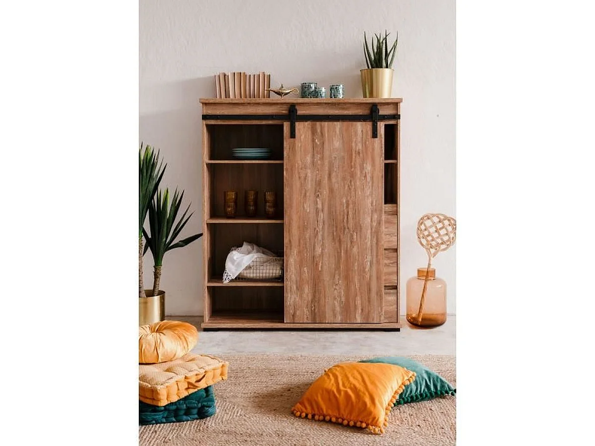 Buffet haut Marrakesch 53A en finition chêne, 1 porte coulissante, 3 tiroirs, style industriel-loft