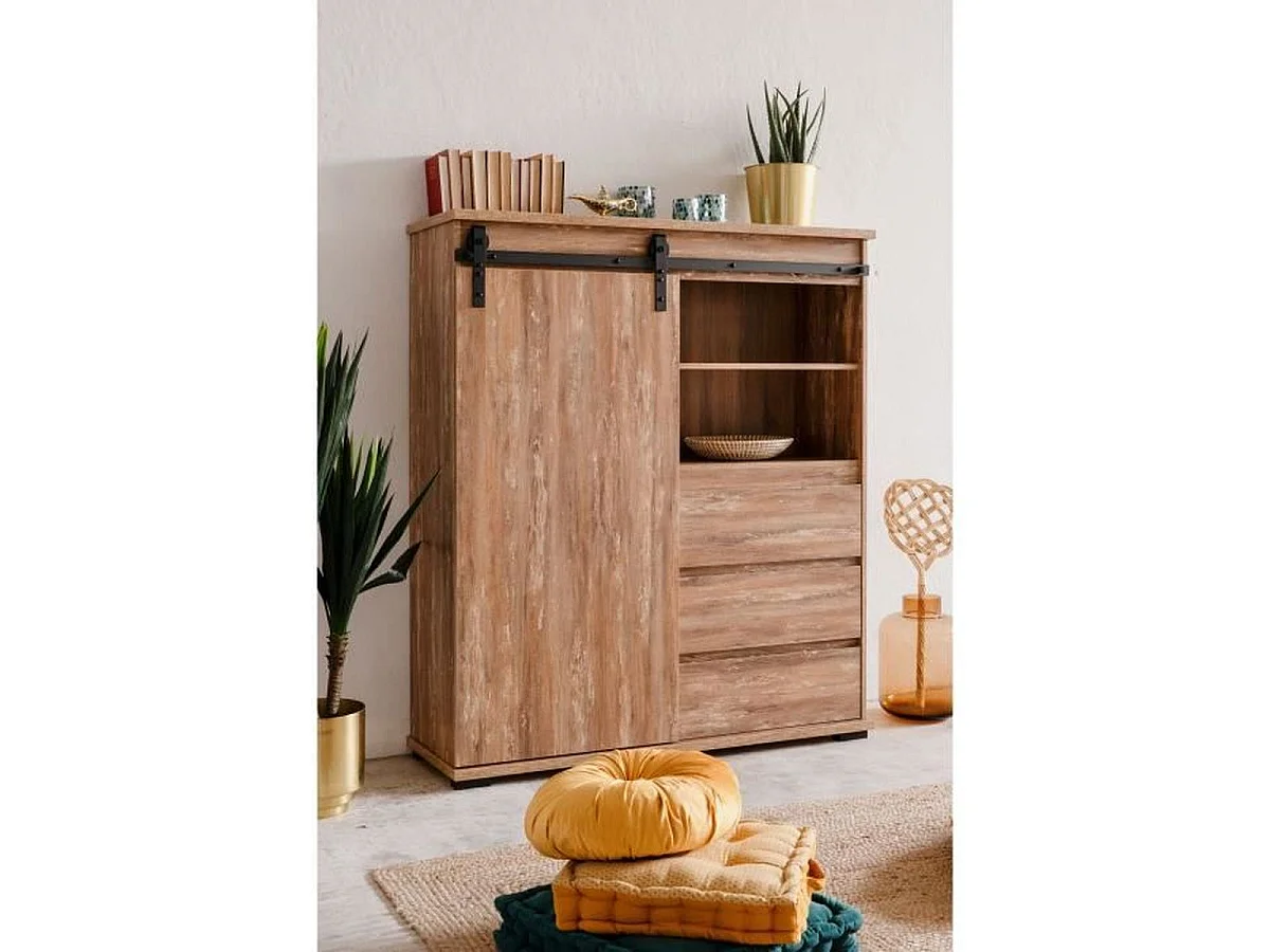 Buffet haut Marrakesch 53A en finition chêne, 1 porte coulissante, 3 tiroirs, style industriel-loft
