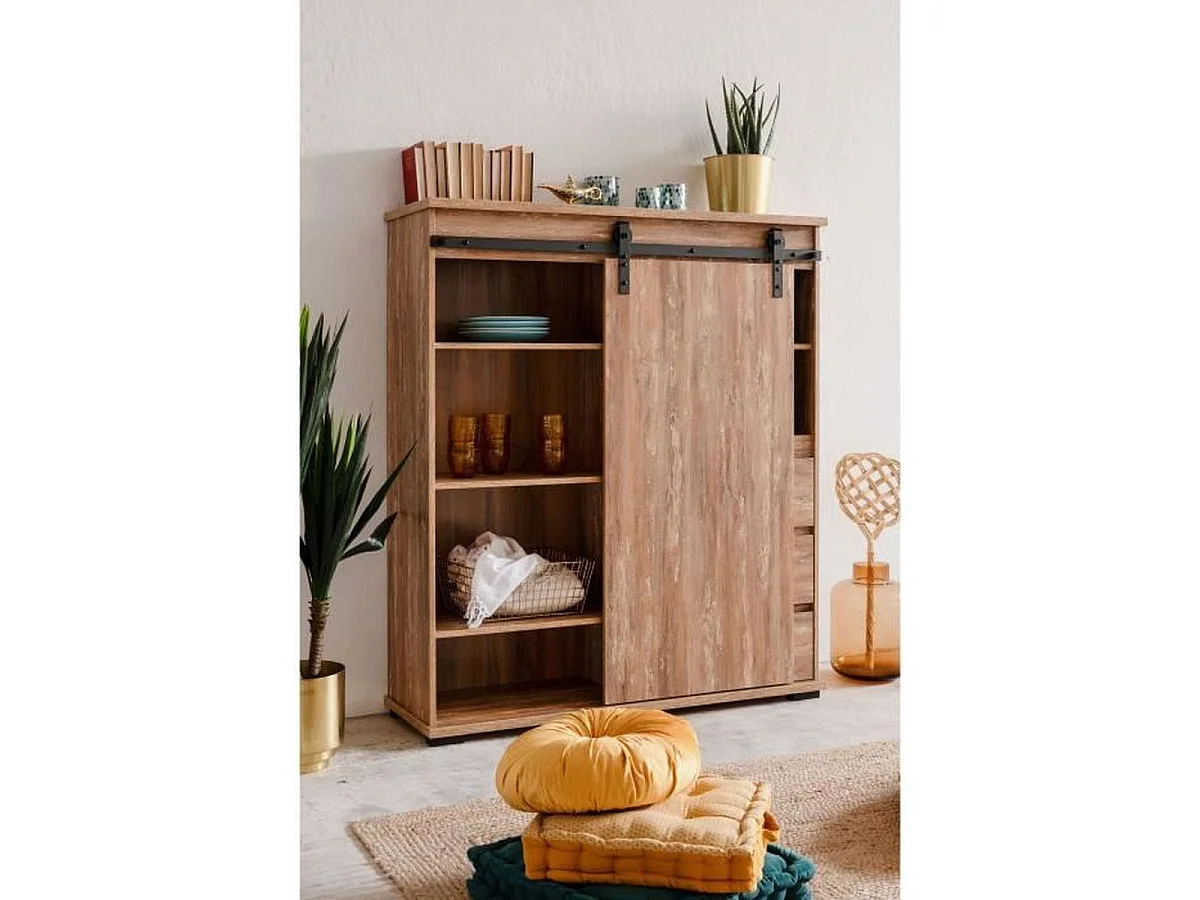 Buffet haut Marrakesch 53A en finition chêne, 1 porte coulissante, 3 tiroirs, style industriel-loft