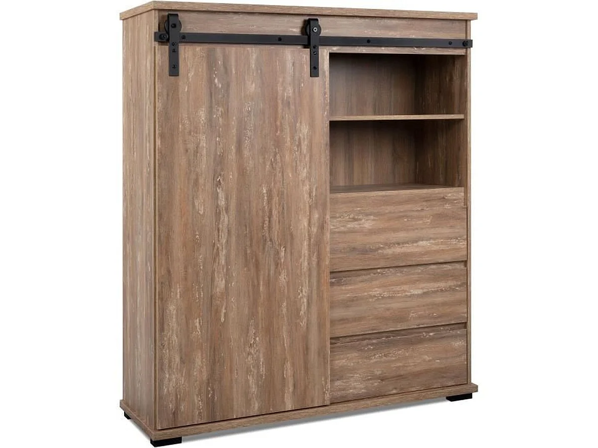 Buffet haut Marrakesch 53A en finition chêne, 1 porte coulissante, 3 tiroirs, style industriel-loft